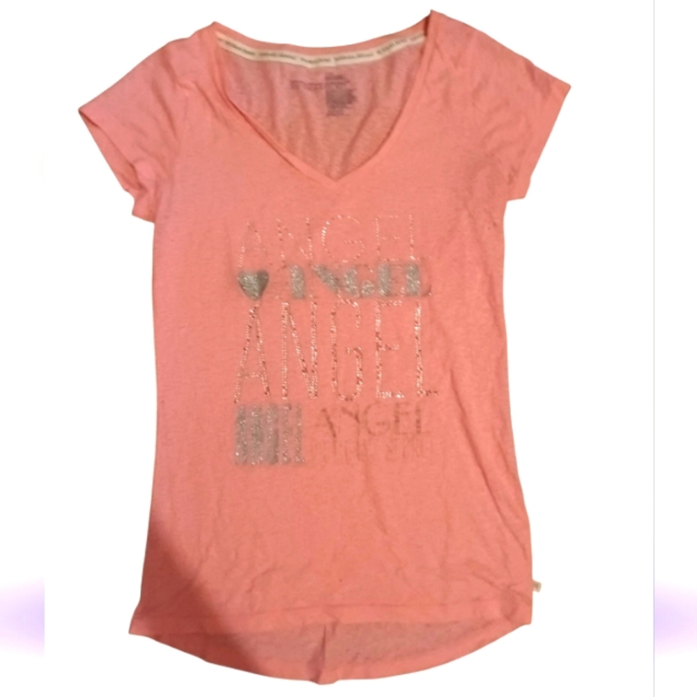VS Angel Rhinestone, Glitter & Sequin Peach V-Neck Tee Fitted T-Shirt